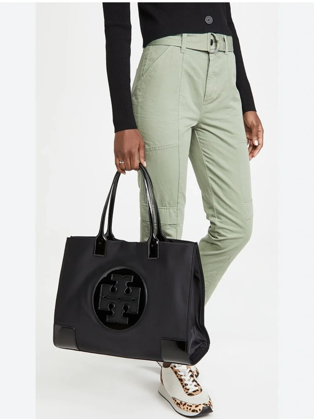 Tory Burch Ella Black Nylon Tote with Patent Logo